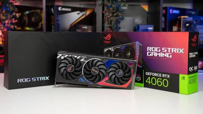 An Asus ROG Strix Nvidia RTX 4060 graphics card with packaging displayed on a desk, awaiting its worth-it review.