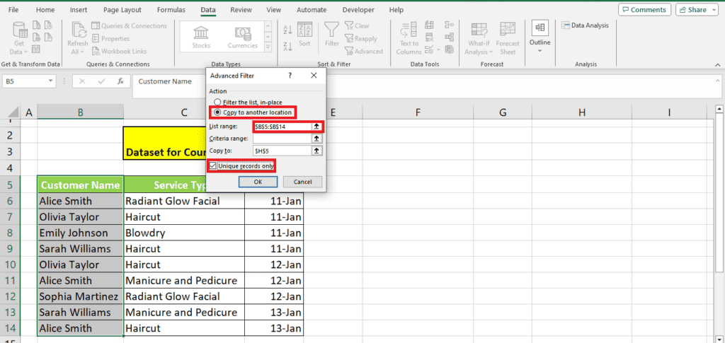 A screenshot of a Microsoft Excel spreadsheet with a 'remove duplicates' dialogue box open, highlighting the process of deduplicating data in a column labeled 'customer name', and providing a count of unique values