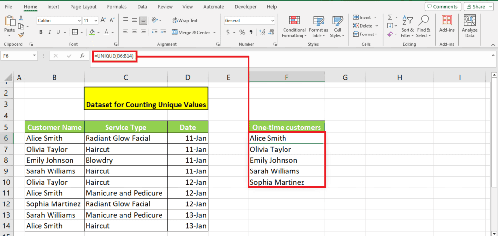 A How To screenshot of an Excel window with a list of customer names and corresponding service types, highlighting a cell where a formula is being used to count unique values in a designated range.