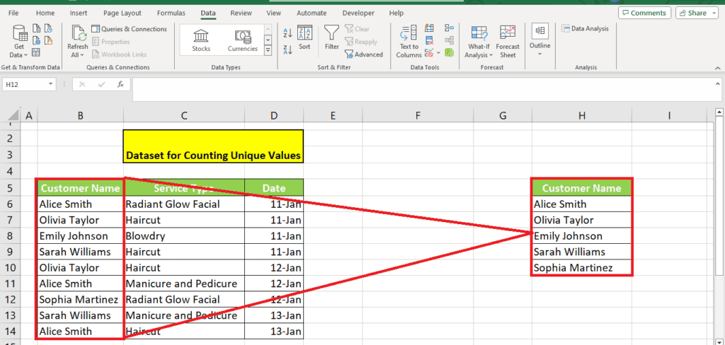 How To: Screenshot of an Excel spreadsheet displaying a list of customer names and services with one cell highlighted in yellow and arrows pointing from a duplicate entry to a list where duplicates have been excluded to count