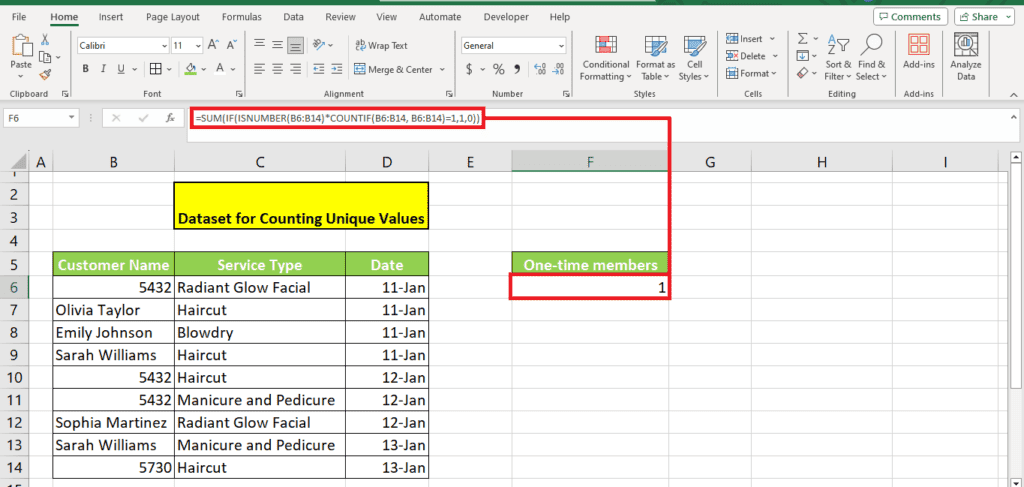 Screenshot of an Excel spreadsheet with a formula typed into a cell, showcasing how to count unique values from a table column.