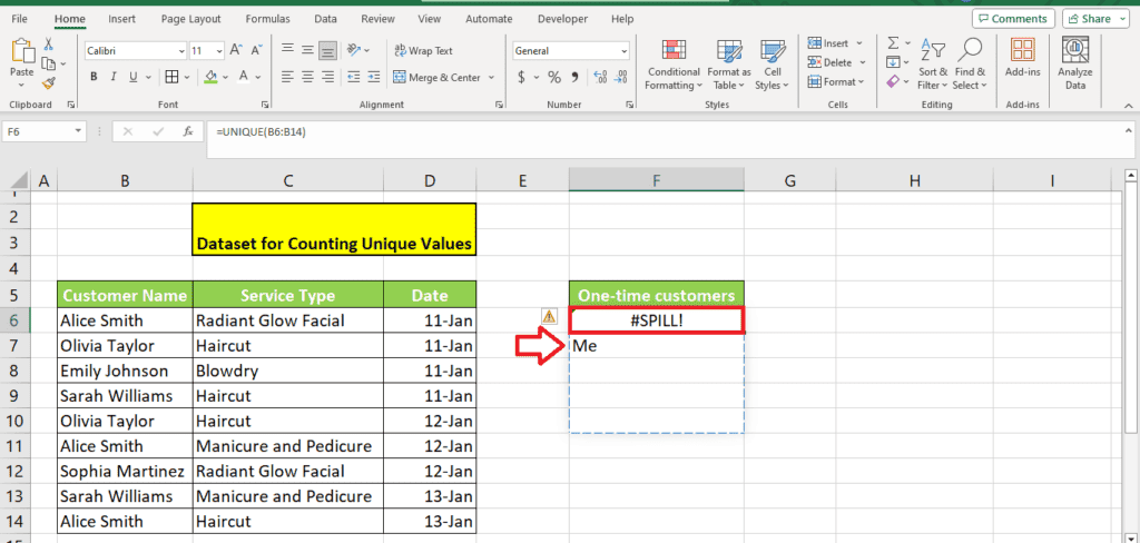 A screenshot of a Microsoft Excel spreadsheet displaying a partially filled table with instructions on how to count unique values. There is a highlighted error message "#spill!" indicating an issue with an array formula in the