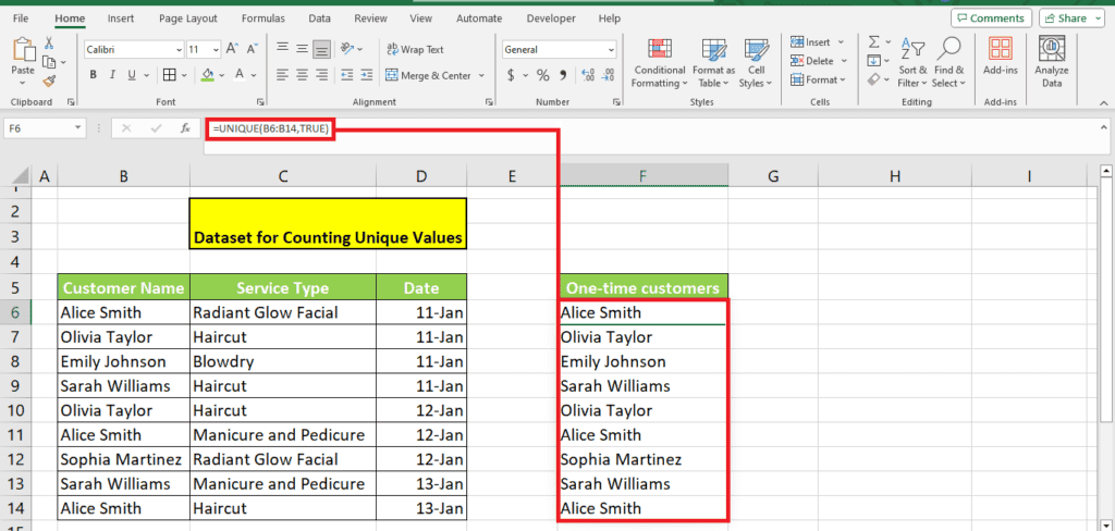 A screenshot of a Microsoft Excel spreadsheet focused on tracking customer service types and unique customers, with the 'Count Unique Values' function highlighted to filter one-time customers.