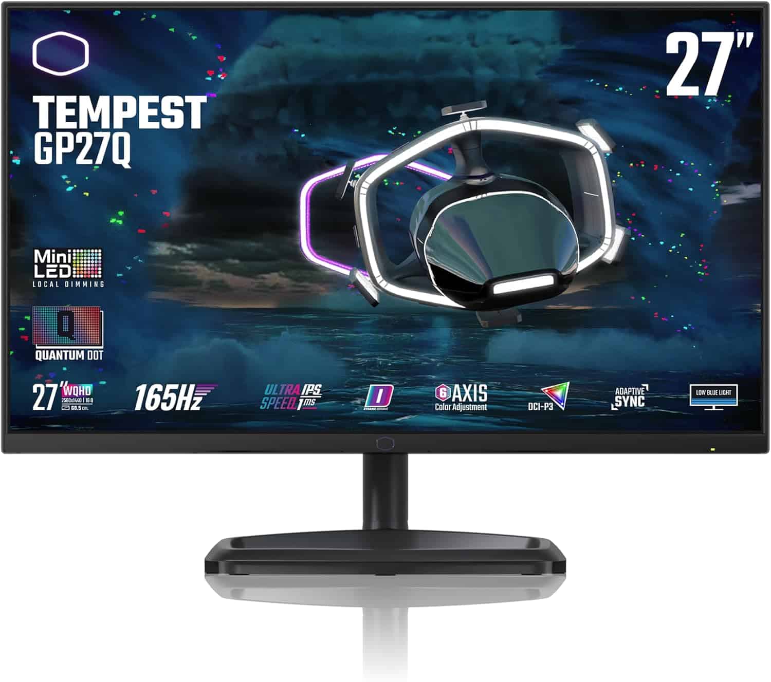 A gaming monitor featuring the mesmerizing image of the Tempest GP707, powered by Quantum Dot technology.